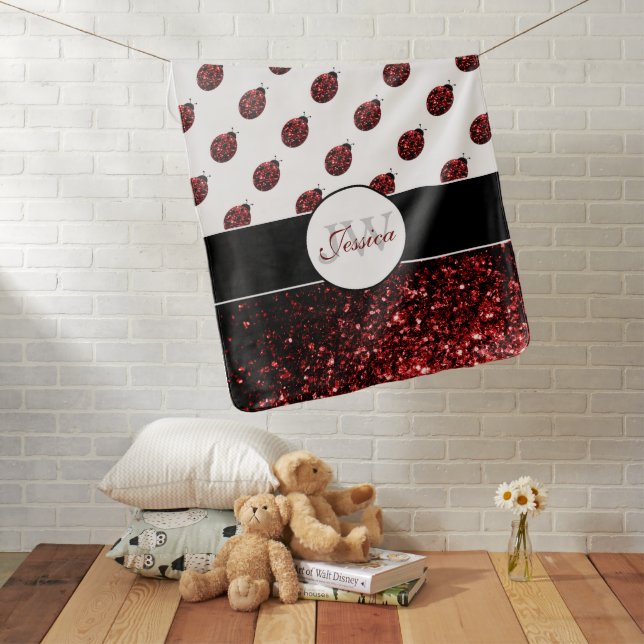 Dark red ladybug faux glitter sparkles Monogram Baby Blanket (In Situ)
