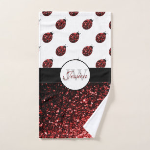 Dark red ladybug faux glitter sparkles Monogram Bath Towel Set