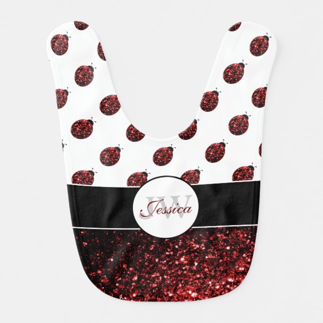 Dark red ladybug faux glitter sparkles Monogram Bib (Front)