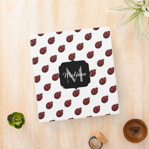 Dark red ladybug faux glitter sparkles Monogram Binder