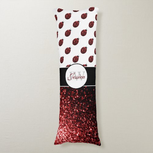 Dark red ladybug faux glitter sparkles Monogram Body Pillow