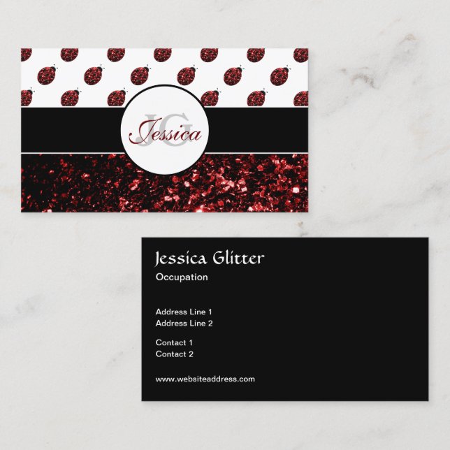 Dark red ladybug faux glitter sparkles Monogram Business Card (Front/Back)