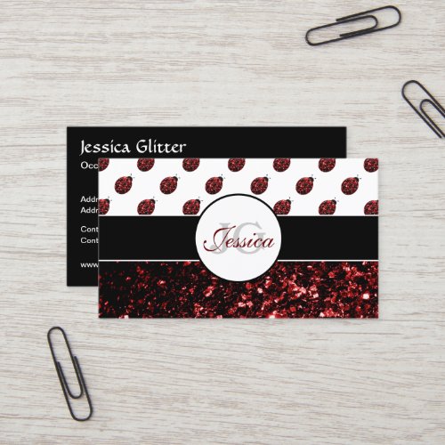 Dark red ladybug faux glitter sparkles Monogram Business Card