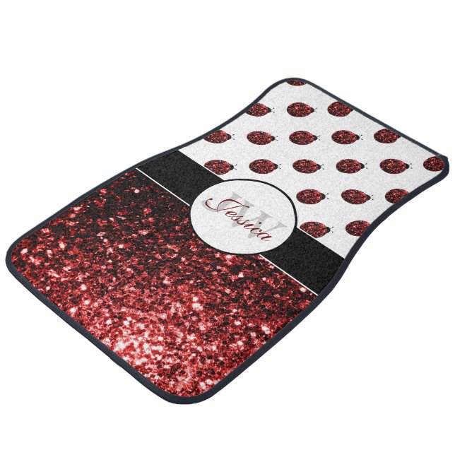Dark red ladybug faux glitter sparkles Monogram Car Floor Mat (Angled)
