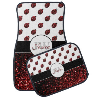 Dark red ladybug faux glitter sparkles Monogram Car Mat