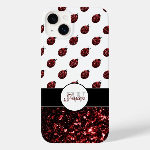Dark red ladybug faux glitter sparkles Monogram Case_Mate iPhone 14 Plus Case