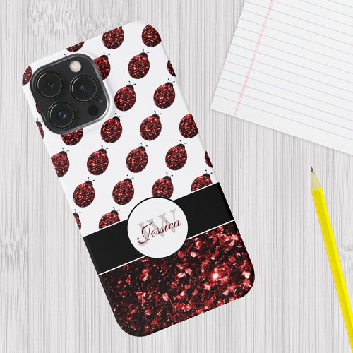 Dark red ladybug faux glitter sparkles Monogram iPhone 15 Pro Max Case