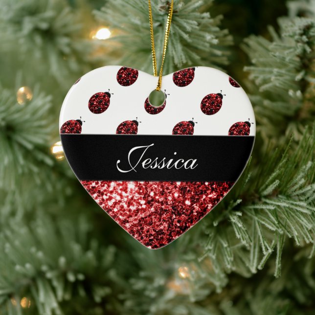 Dark red ladybug faux glitter sparkles Monogram Ceramic Ornament (Tree)