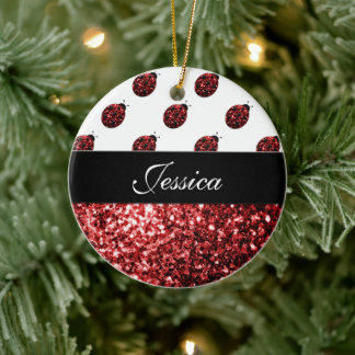 Dark red ladybug faux glitter sparkles Monogram Ceramic Ornament