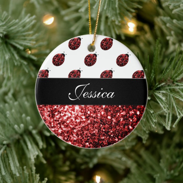Dark red ladybug faux glitter sparkles Monogram Ceramic Ornament (Tree)