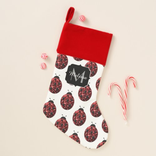 Dark red ladybug faux glitter sparkles Monogram Christmas Stocking