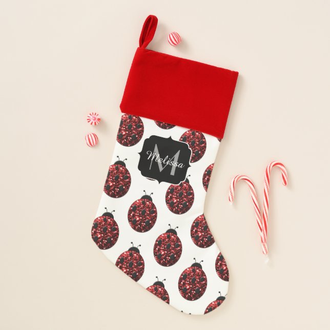 Dark red ladybug faux glitter sparkles Monogram Christmas Stocking (Front)