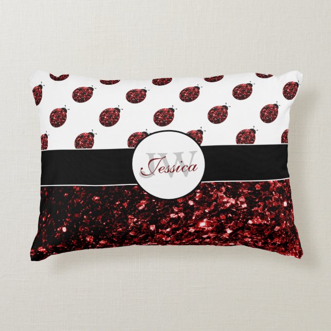 Dark red ladybug faux glitter sparkles Monogram Decorative Pillow (Front)