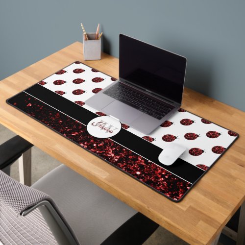 Dark red ladybug faux glitter sparkles Monogram Desk Mat