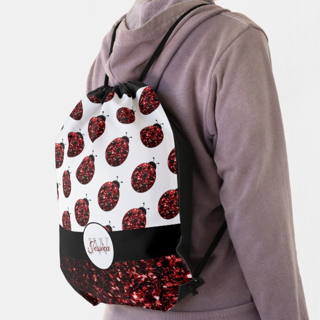 Dark red ladybug faux glitter sparkles Monogram Drawstring Bag (Insitu)