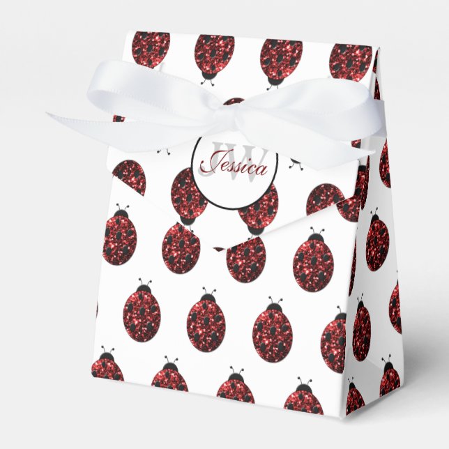 Dark red ladybug faux glitter sparkles Monogram Favor Boxes (Front Side)