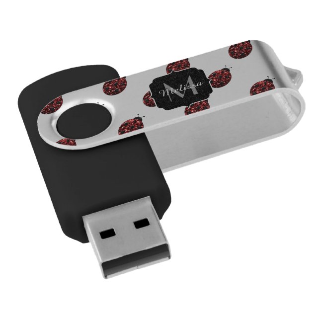 Dark red ladybug faux glitter sparkles Monogram Flash Drive (Angled)