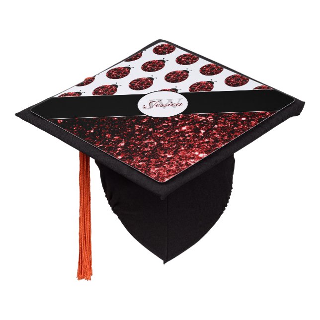 Dark red ladybug faux glitter sparkles Monogram Graduation Cap Topper (Angled)
