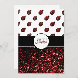 Dark red ladybug faux glitter sparkles Monogram Invitation