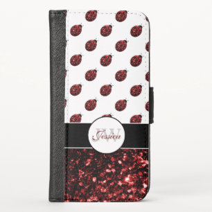 Dark red ladybug faux glitter sparkles Monogram iPhone X Wallet Case