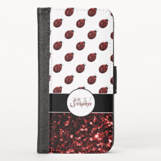 Dark red ladybug faux glitter sparkles Monogram iPhone X Wallet Case