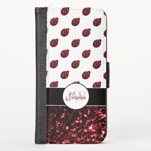 Dark red ladybug faux glitter sparkles Monogram iPhone Wallet Case (Front)
