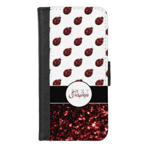 Dark red ladybug faux glitter sparkles Monogram iPhone 8/7 Wallet Case