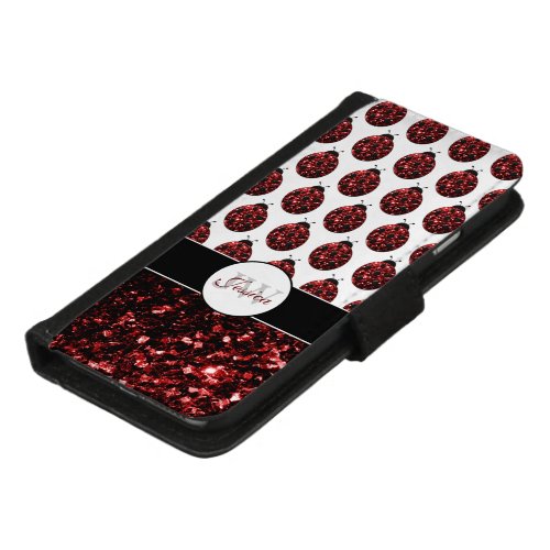 Dark red ladybug faux glitter sparkles Monogram iPhone 87 Wallet Case