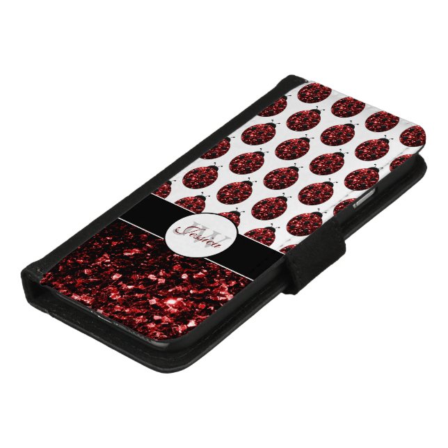 Dark red ladybug faux glitter sparkles Monogram iPhone Wallet Case (Bottom)
