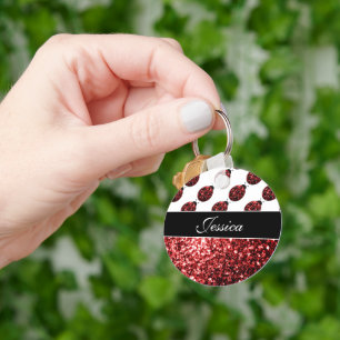 Dark red ladybug faux glitter sparkles Monogram Keychain