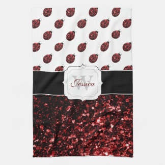 Dark red ladybug faux glitter sparkles Monogram Kitchen Towel