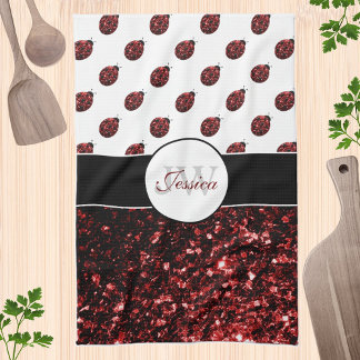Dark red ladybug faux glitter sparkles Monogram Kitchen Towel