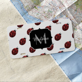 Dark red ladybug faux glitter sparkles Monogram License Plate