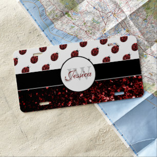 Dark red ladybug faux glitter sparkles Monogram License Plate