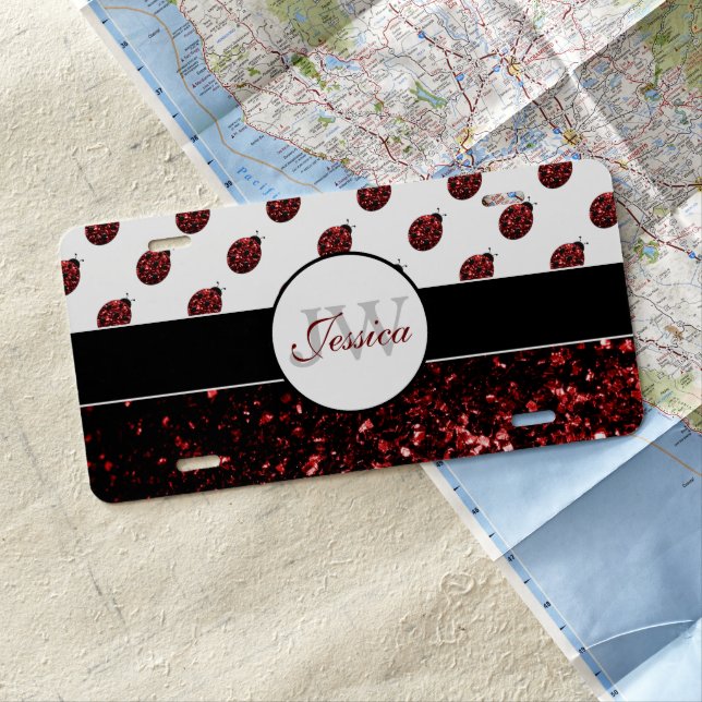 Dark red ladybug faux glitter sparkles Monogram License Plate (In Situ)