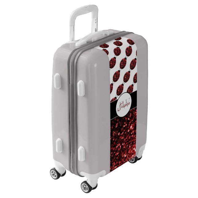 Dark red ladybug faux glitter sparkles Monogram Luggage (Rotated Left)