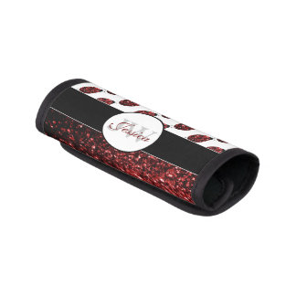 Dark red ladybug faux glitter sparkles Monogram Luggage Handle Wrap