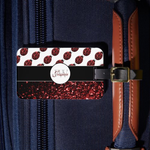 Dark red ladybug faux glitter sparkles Monogram Luggage Tag
