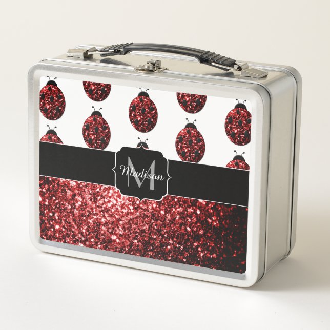 Dark red ladybug faux glitter sparkles Monogram Metal Lunch Box (Front)