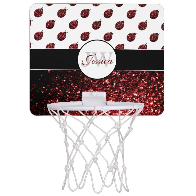 Dark red ladybug faux glitter sparkles Monogram Mini Basketball Hoop (Front)