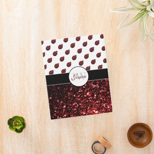 Dark red ladybug faux glitter sparkles Monogram Mini Binder