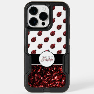 Dark red ladybug faux glitter sparkles Monogram OtterBox iPhone 14 Pro Max Case