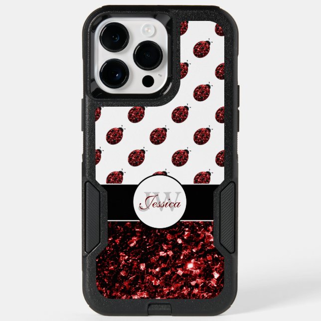 Dark red ladybug faux glitter sparkles Monogram Otterbox iPhone Case (Back)