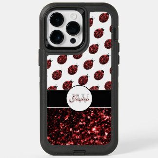 Dark red ladybug faux glitter sparkles Monogram OtterBox iPhone 14 Pro Max Case