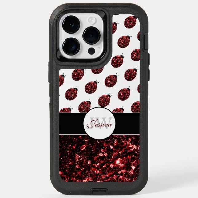 Dark red ladybug faux glitter sparkles Monogram Otterbox iPhone Case (Back)