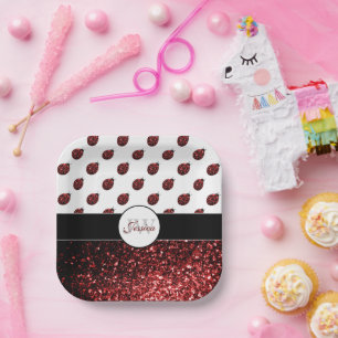 Dark red ladybug faux glitter sparkles Monogram Paper Plates