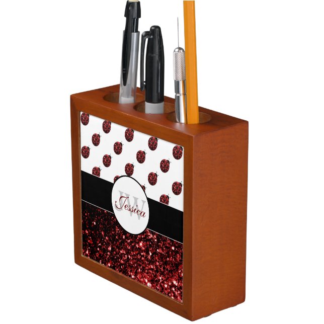 Dark red ladybug faux glitter sparkles Monogram Pencil Holder (In Situ)