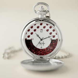 Dark red ladybug faux glitter sparkles Monogram Pocket Watch