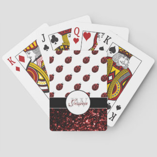 Dark red ladybug faux glitter sparkles Monogram Poker Cards