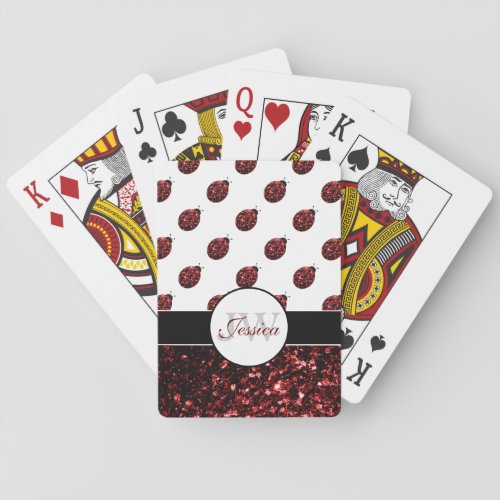 Dark red ladybug faux glitter sparkles Monogram Poker Cards